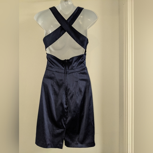 Blue satin cocktail mini dress criss cross low back with pockets - Picture 6 of 8